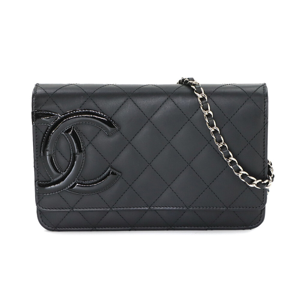 Chanel Cambon Line Chain Wallet, Bi-fold Long Calfskin Enamel, Black, A46646